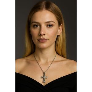Gothic Heart Cross Pendant Necklace Vintage Inspired Rhinestone Silver Tone